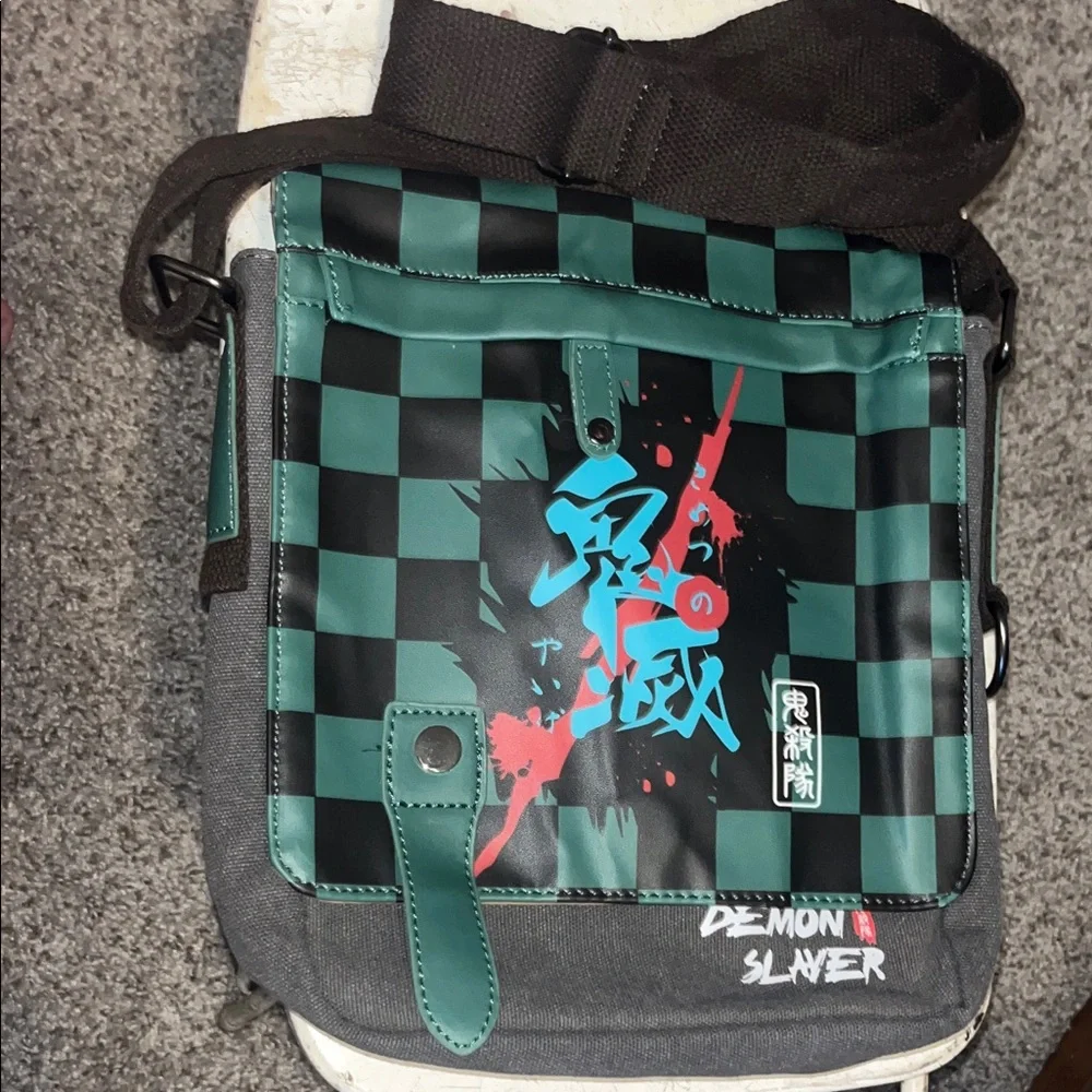 Demon Slayer Tanjiro Kamado Green Checkered Canvas Messenger Crossbody Bag 9x10‎